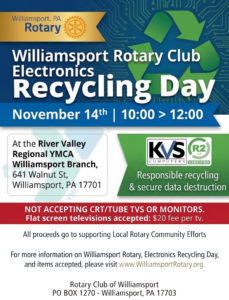 Electronics Recycling Day, November 14th from 10:00 AM to 12:00 PM at the River Valley Regional YMCA in Williamsport